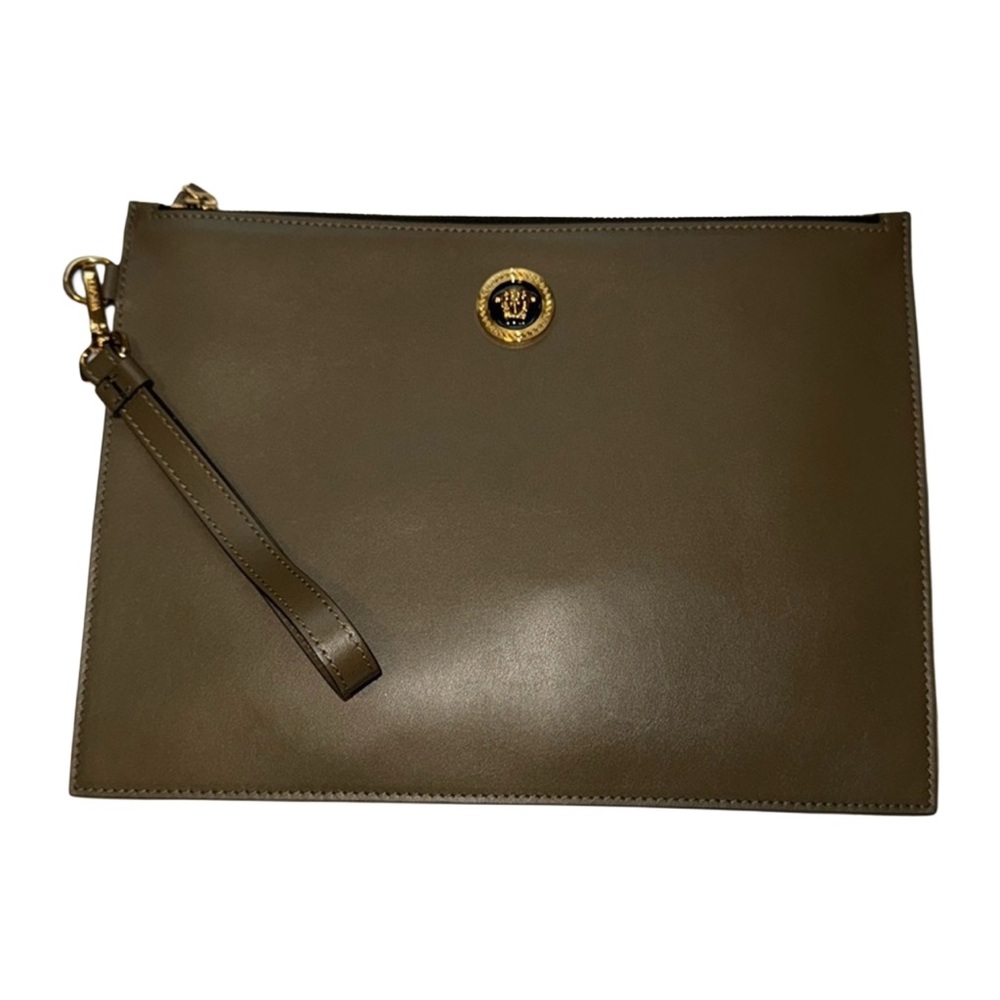VERSACE MEDUSA HEAD LEATHER LARGE POUCH CLUTCH OLIVE GREEN (New with Dust Bag)